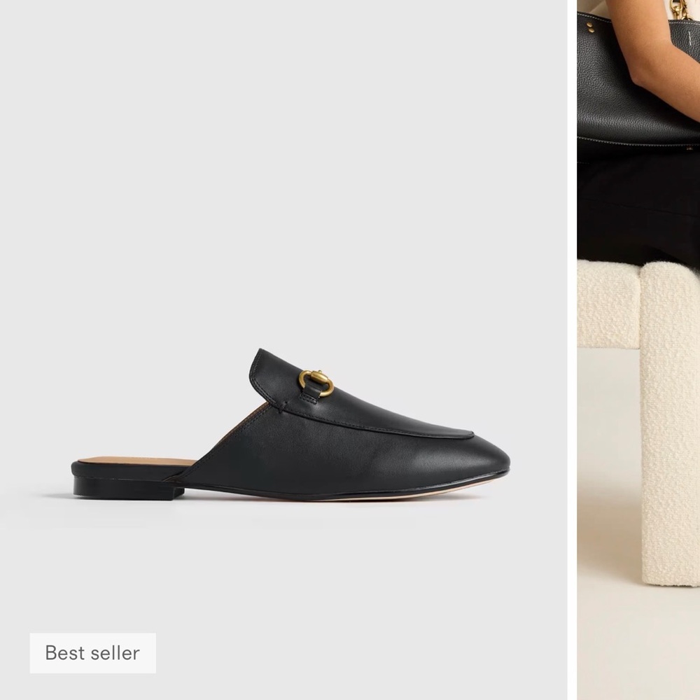 Quince Black Leather Mules with Gold Accent